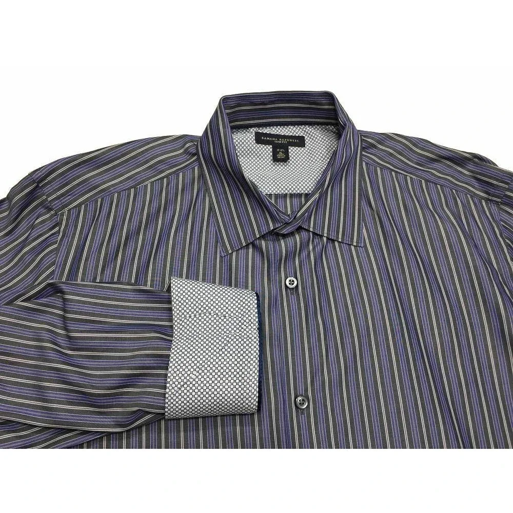 Banana Republic Slim Fit Button Shirt XL 17 17.5‎ Black Blue Stripe Mens